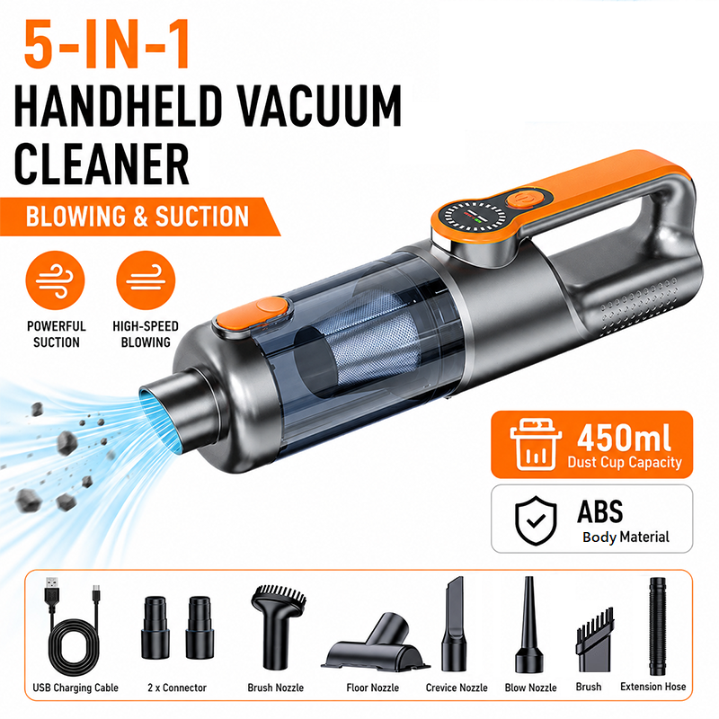 Silver and Orange Cordless Handheld Vacuum Cleaner 17000Pa High Suction Portable Rechargeable 5 in 1 Car Home Cleaning Device Multi Function Dust Removal Tool Lightweight Easy Clean ECO MAX Modes