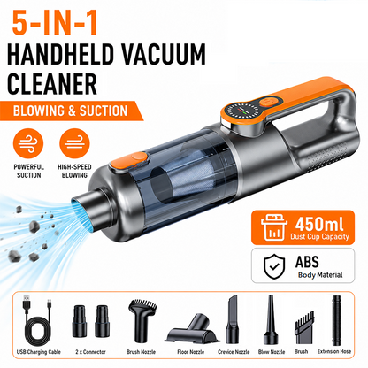 Silver and Orange Cordless Handheld Vacuum Cleaner 17000Pa High Suction Portable Rechargeable 5 in 1 Car Home Cleaning Device Multi Function Dust Removal Tool Lightweight Easy Clean ECO MAX Modes