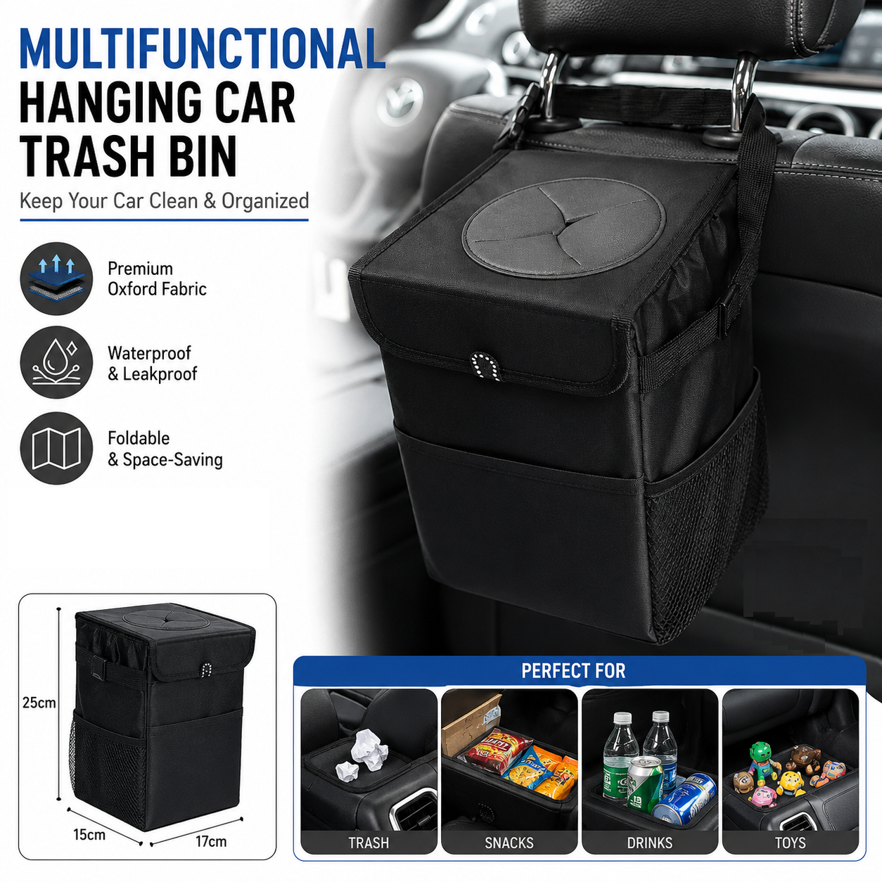 Black small size 15*17*25cm Car Trash Bin with Oxford Cloth Construction - Foldable Hanging Car Organizer, Waterproof Washable Lining, Flip Top Lid, Multi Purpose Storage Bin for Car Interior Travel and Daily Driving