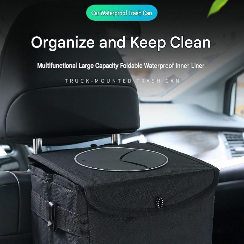 Black small size 15*17*25cm Car Trash Bin with Oxford Cloth Construction - Foldable Hanging Car Organizer, Waterproof Washable Lining, Flip Top Lid, Multi Purpose Storage Bin for Car Interior Travel and Daily Driving