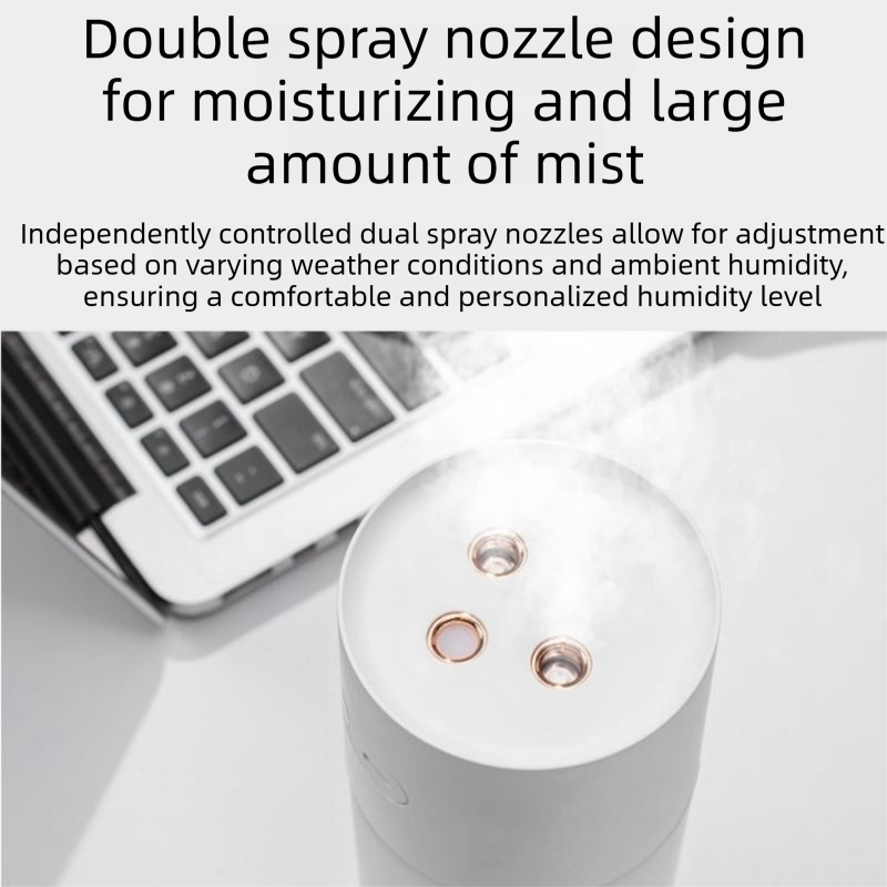 White Dual Spray USB Humidifier with Warm LED Night Light - 400ml Mini Portable Desk and Car Humidifier, Quiet Mist Output, ABS and PP Construction, Compact Rechargeable Moisture Solution for Home Office Travel