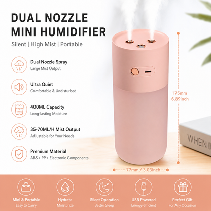 Pink Dual Spray USB Humidifier with Warm LED Night Light - 400ml Mini Portable Desk and Car Humidifier, Quiet Mist Output, ABS and PP Construction, Compact Rechargeable Moisture Solution for Home Office Travel