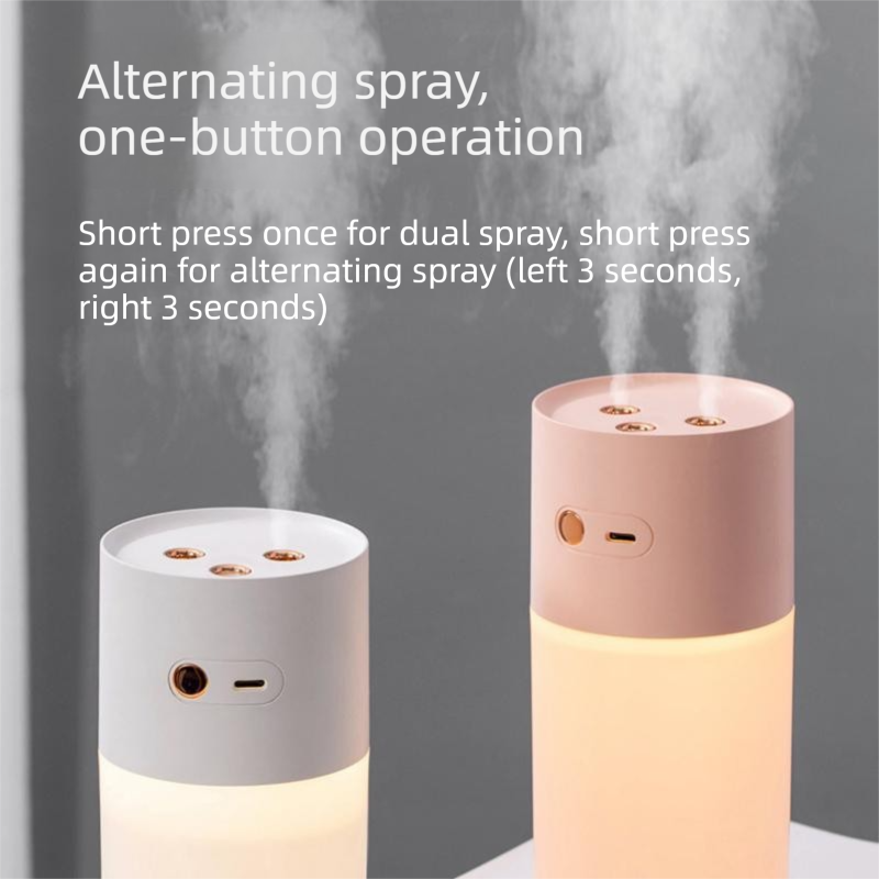 Pink Dual Spray USB Humidifier with Warm LED Night Light - 400ml Mini Portable Desk and Car Humidifier, Quiet Mist Output, ABS and PP Construction, Compact Rechargeable Moisture Solution for Home Office Travel