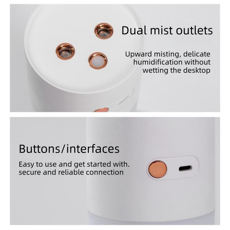 Pink Dual Spray USB Humidifier with Warm LED Night Light - 400ml Mini Portable Desk and Car Humidifier, Quiet Mist Output, ABS and PP Construction, Compact Rechargeable Moisture Solution for Home Office Travel
