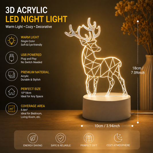 Reindeer style Creative Acrylic LED Night Light - Warm White Ambient Table Lamp, Decorative Desktop Mood Light, Cartoon and Creative Display Design, Compact Gift for Bedroom Living Room Office