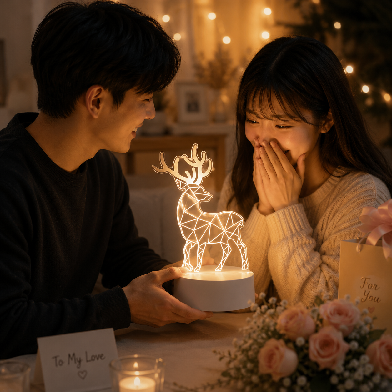 Reindeer style Creative Acrylic LED Night Light - Warm White Ambient Table Lamp, Decorative Desktop Mood Light, Cartoon and Creative Display Design, Compact Gift for Bedroom Living Room Office