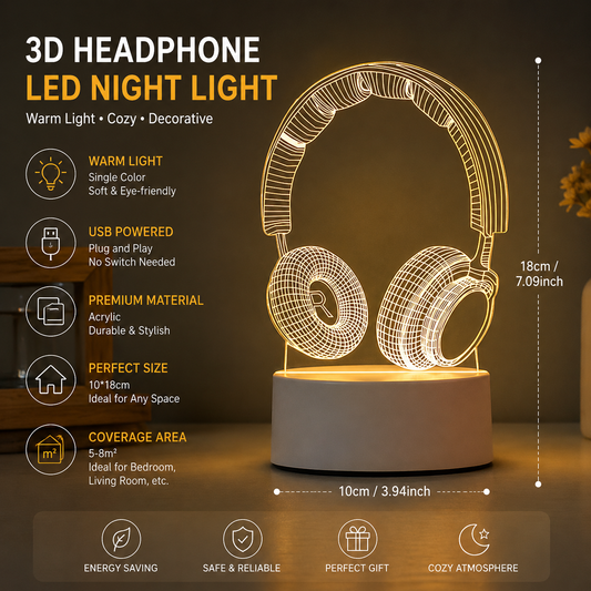 Headphone version Creative Acrylic LED Night Light - Warm White Ambient Table Lamp, Decorative Desktop Mood Light, Cartoon and Creative Display Design, Compact Gift for Bedroom Living Room Office