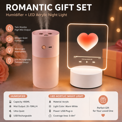 Creative Romantic Home Gift Set - Pink Dual Spray USB Humidifier with  Warm LED Night Light and White Acrylic Decorative Ambient Lamp, Portable Lamp and Car Humidifier Bundle for Bedroom Office Living Room