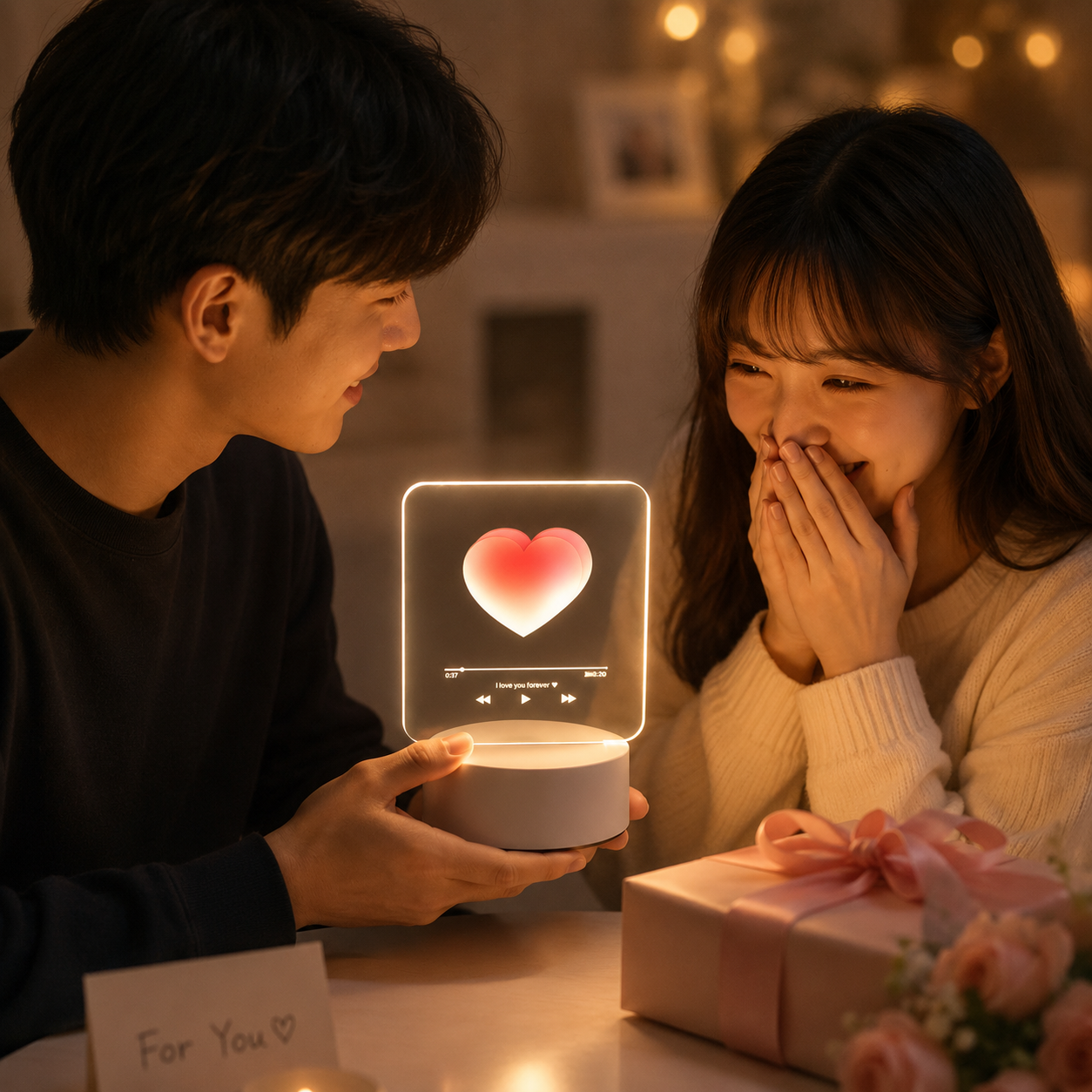 Creative Romantic Home Gift Set - Pink Dual Spray USB Humidifier with  Warm LED Night Light and White Acrylic Decorative Ambient Lamp, Portable Lamp and Car Humidifier Bundle for Bedroom Office Living Room