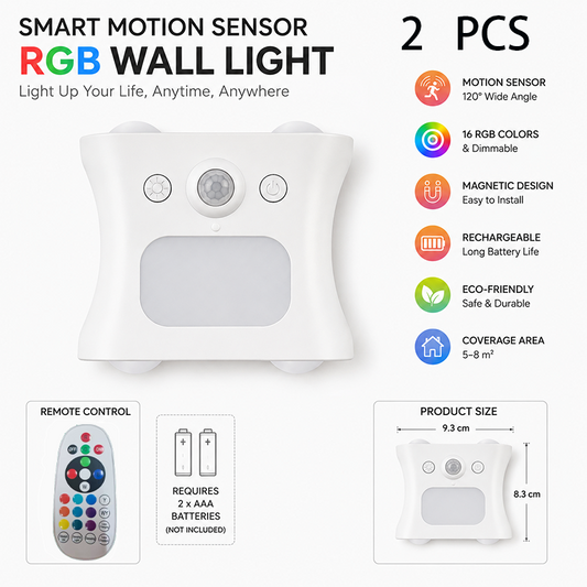 2 pcs White  Motion Sensor Wall Light, Rechargeable Magnetic LED Ambient Wall Lamp with Remote Control, 16 Colors & 3 Color Temperatures, Wireless Indoor Night Light for Bedroom Hallway Living Room