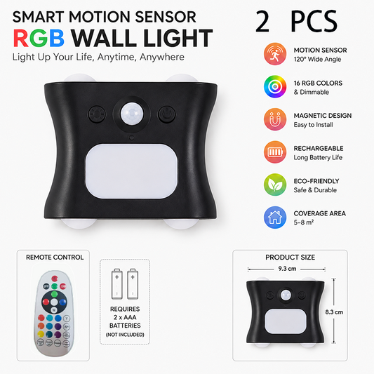 2 pcs Black  Motion Sensor Wall Light, Rechargeable Magnetic LED Ambient Wall Lamp with Remote Control, 16 Colors & 3 Color Temperatures, Wireless Indoor Night Light for Bedroom Hallway Living Room