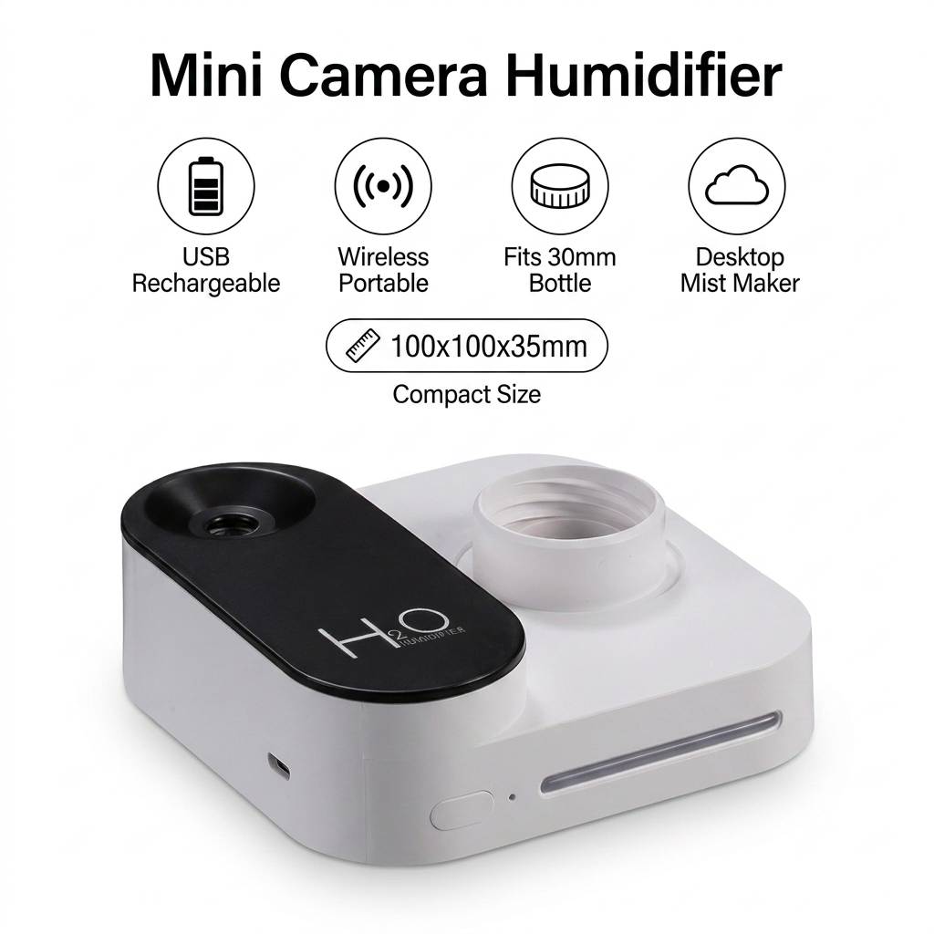 White Mini Camera Humidifier, USB Rechargeable Portable Water Bottle Humidifier with LED Night Light, Wireless Desktop Mist Maker for Office, Bedroom, Travel & Car