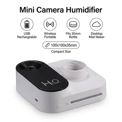 White Mini Camera Humidifier, USB Rechargeable Portable Water Bottle Humidifier with LED Night Light, Wireless Desktop Mist Maker for Office, Bedroom, Travel & Car