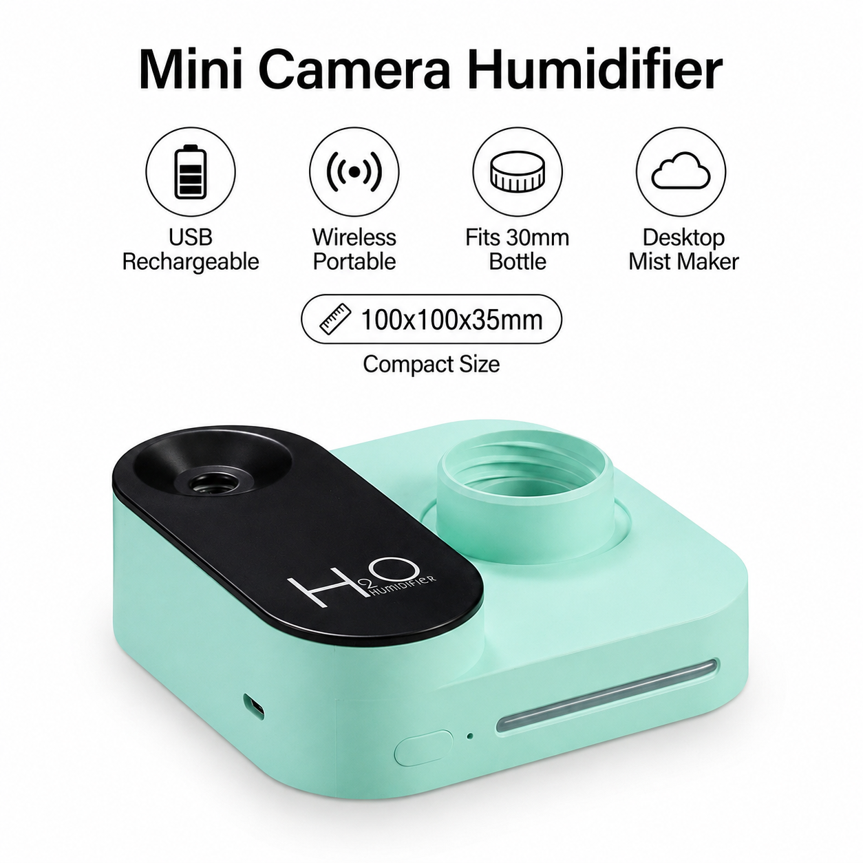 Green Mini Camera Humidifier, USB Rechargeable Portable Water Bottle Humidifier with LED Night Light, Wireless Desktop Mist Maker for Office, Bedroom, Travel & Car