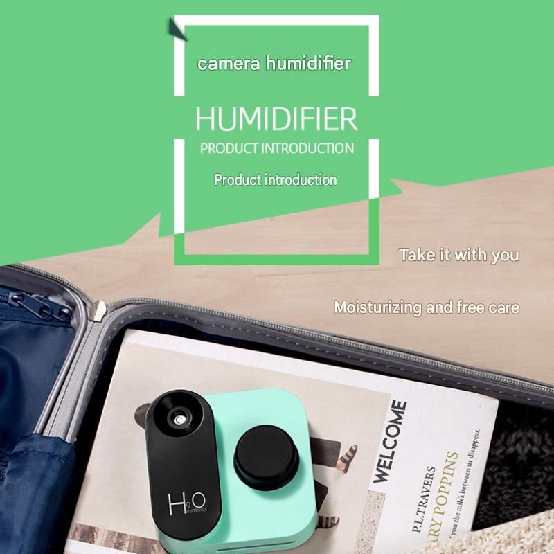 Green Mini Camera Humidifier, USB Rechargeable Portable Water Bottle Humidifier with LED Night Light, Wireless Desktop Mist Maker for Office, Bedroom, Travel & Car