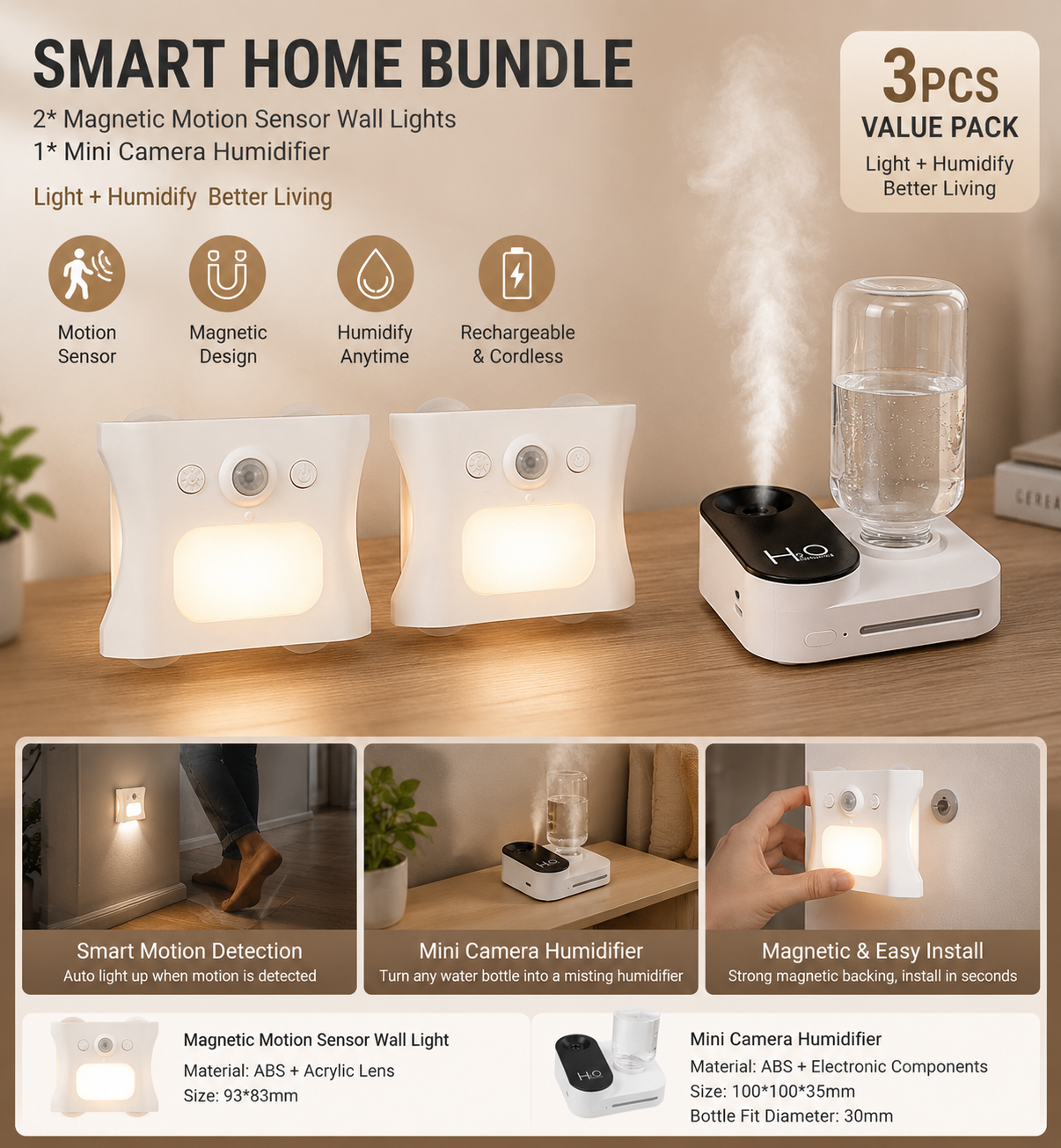 3PCS Smart Home Atmosphere Set â€“ White USB Rechargeable Camera Humidifier & 2pcs White RGB Motion Sensor Wall Light, Magnetic Wireless Night Lamp with Remote Control for Bedroom, Living Room & Office