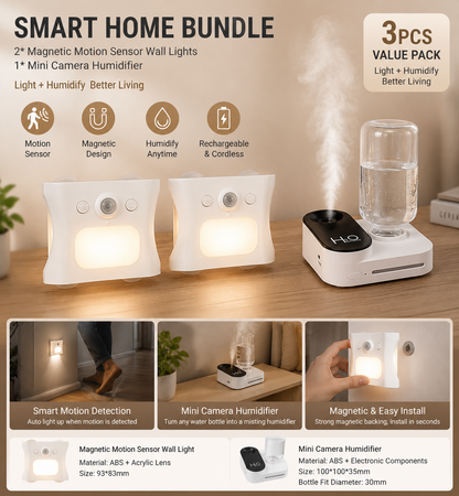 3PCS Smart Home Atmosphere Set â€“ White USB Rechargeable Camera Humidifier & 2pcs White RGB Motion Sensor Wall Light, Magnetic Wireless Night Lamp with Remote Control for Bedroom, Living Room & Office