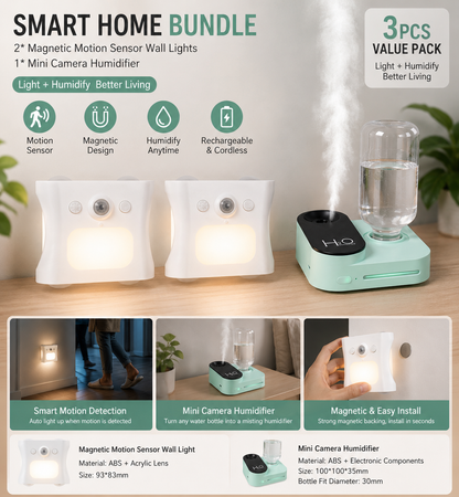 3PCS Smart Home Atmosphere Set â€“ Green USB Rechargeable Camera Humidifier & 2pcs White RGB Motion Sensor Wall Light, Magnetic Wireless Night Lamp with Remote Control for Bedroom, Living Room & Office
