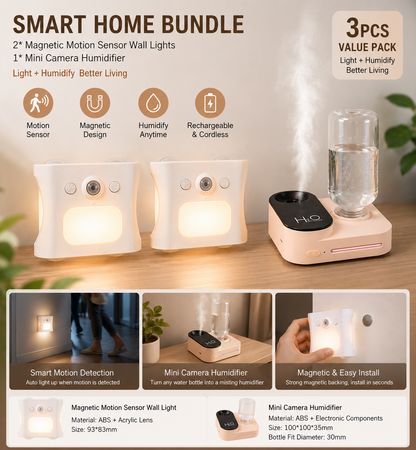 3PCS Smart Home Atmosphere Set â€“ Pink USB Rechargeable Camera Humidifier & 2pcs White RGB Motion Sensor Wall Light, Magnetic Wireless Night Lamp with Remote Control for Bedroom, Living Room & Office
