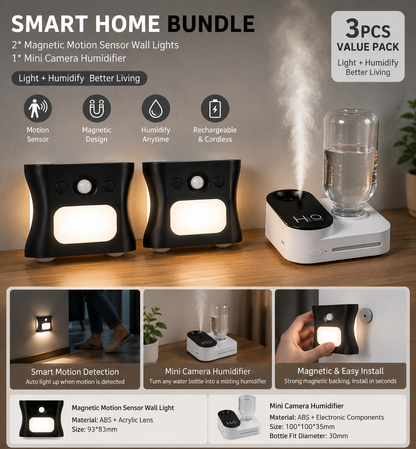 3PCS Smart Home Atmosphere Set â€“ White USB Rechargeable Camera Humidifier & 2pcs Black RGB Motion Sensor Wall Light, Magnetic Wireless Night Lamp with Remote Control for Bedroom, Living Room & Office
