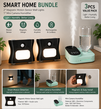 3PCS Smart Home Atmosphere Set â€“ Green USB Rechargeable Camera Humidifier & 2pcs Black RGB Motion Sensor Wall Light, Magnetic Wireless Night Lamp with Remote Control for Bedroom, Living Room & Office