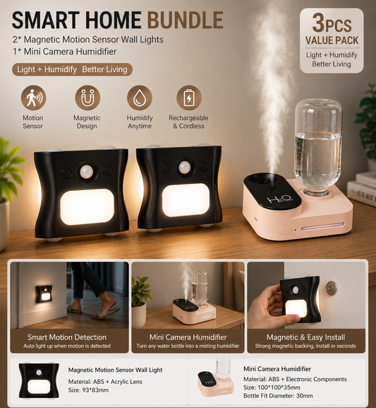3PCS Smart Home Atmosphere Set â€“ Pink USB Rechargeable Camera Humidifier & 2pcs Black RGB Motion Sensor Wall Light, Magnetic Wireless Night Lamp with Remote Control for Bedroom, Living Room & Office