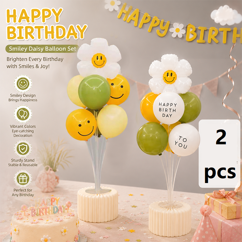 2 Pack Daisy Birthday Balloon Table Centerpiece Setï¼ˆ"Happy Birthday" letter style and pale yellow balloon styleï¼‰, 10 Inch Latex Balloons with Smiley Flower Topper, Birthday Party Decoration for First Birthday & Celebration Events