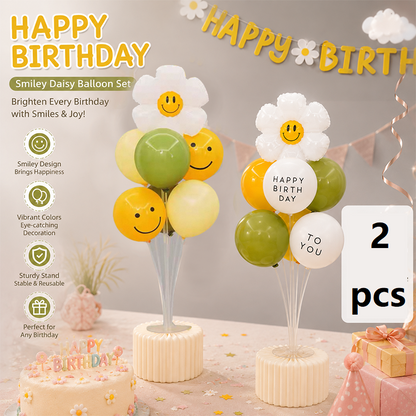 2 Pack Daisy Birthday Balloon Table Centerpiece Setï¼ˆ"Happy Birthday" letter style and pale yellow balloon styleï¼‰, 10 Inch Latex Balloons with Smiley Flower Topper, Birthday Party Decoration for First Birthday & Celebration Events