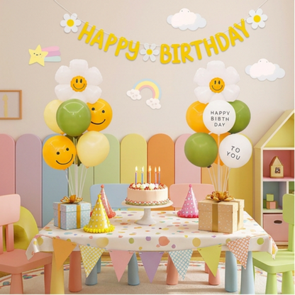 2 Pack Daisy Birthday Balloon Table Centerpiece Setï¼ˆ"Happy Birthday" letter style and pale yellow balloon styleï¼‰, 10 Inch Latex Balloons with Smiley Flower Topper, Birthday Party Decoration for First Birthday & Celebration Events