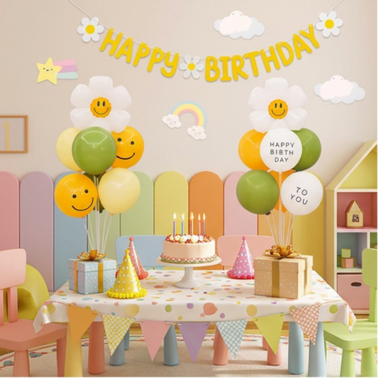 2 Pack Daisy Birthday Balloon Table Centerpiece Setï¼ˆ"Happy Birthday" letter style and pale yellow balloon styleï¼‰, 10 Inch Latex Balloons with Smiley Flower Topper, Birthday Party Decoration for First Birthday & Celebration Events