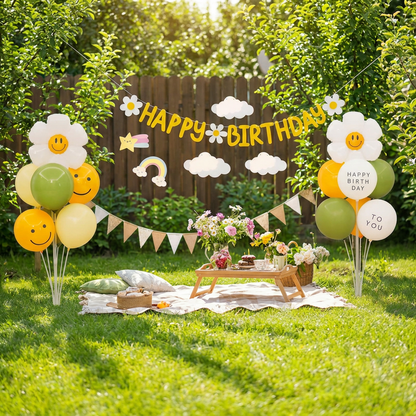 2 Pack Daisy Birthday Balloon Table Centerpiece Setï¼ˆ"Happy Birthday" letter style and pale yellow balloon styleï¼‰, 10 Inch Latex Balloons with Smiley Flower Topper, Birthday Party Decoration for First Birthday & Celebration Events