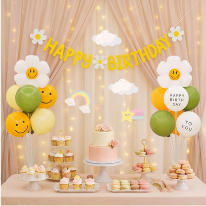 2 Pack Daisy Birthday Balloon Table Centerpiece Setï¼ˆ"Happy Birthday" letter style and pale yellow balloon styleï¼‰, 10 Inch Latex Balloons with Smiley Flower Topper, Birthday Party Decoration for First Birthday & Celebration Events