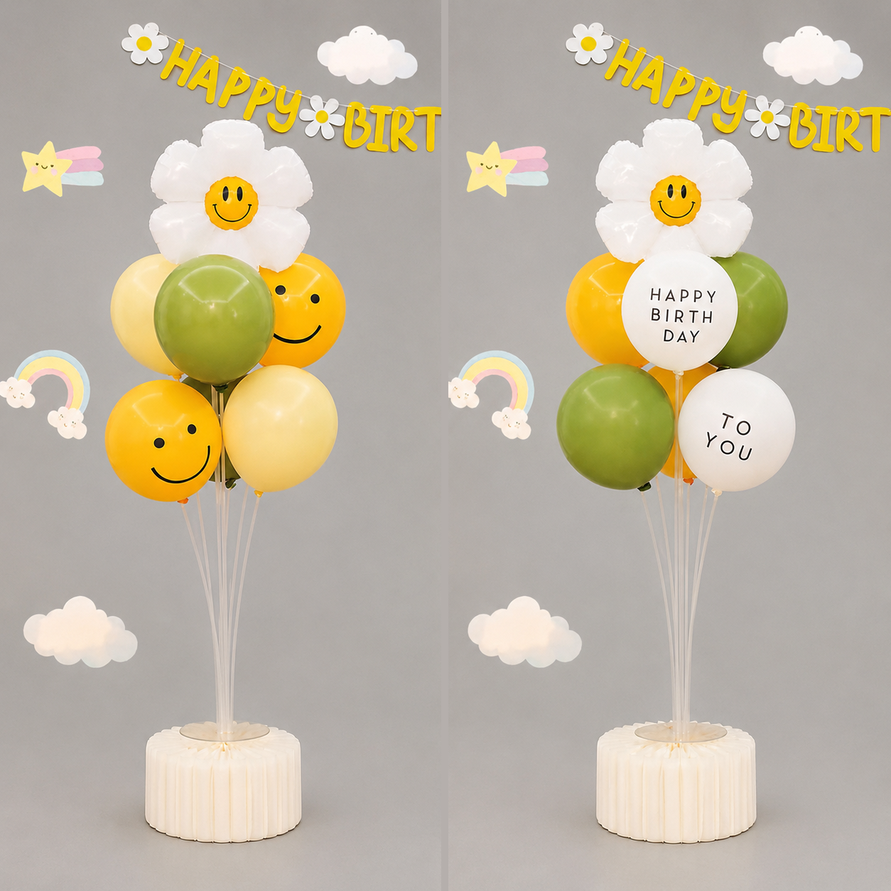 2 Pack Daisy Birthday Balloon Table Centerpiece Setï¼ˆ"Happy Birthday" letter style and pale yellow balloon styleï¼‰, 10 Inch Latex Balloons with Smiley Flower Topper, Birthday Party Decoration for First Birthday & Celebration Events