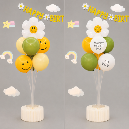 2 Pack Daisy Birthday Balloon Table Centerpiece Setï¼ˆ"Happy Birthday" letter style and pale yellow balloon styleï¼‰, 10 Inch Latex Balloons with Smiley Flower Topper, Birthday Party Decoration for First Birthday & Celebration Events