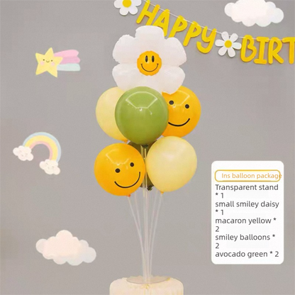 2 Pack Daisy Birthday Balloon Table Centerpiece Setï¼ˆ"Happy Birthday" letter style and pale yellow balloon styleï¼‰, 10 Inch Latex Balloons with Smiley Flower Topper, Birthday Party Decoration for First Birthday & Celebration Events