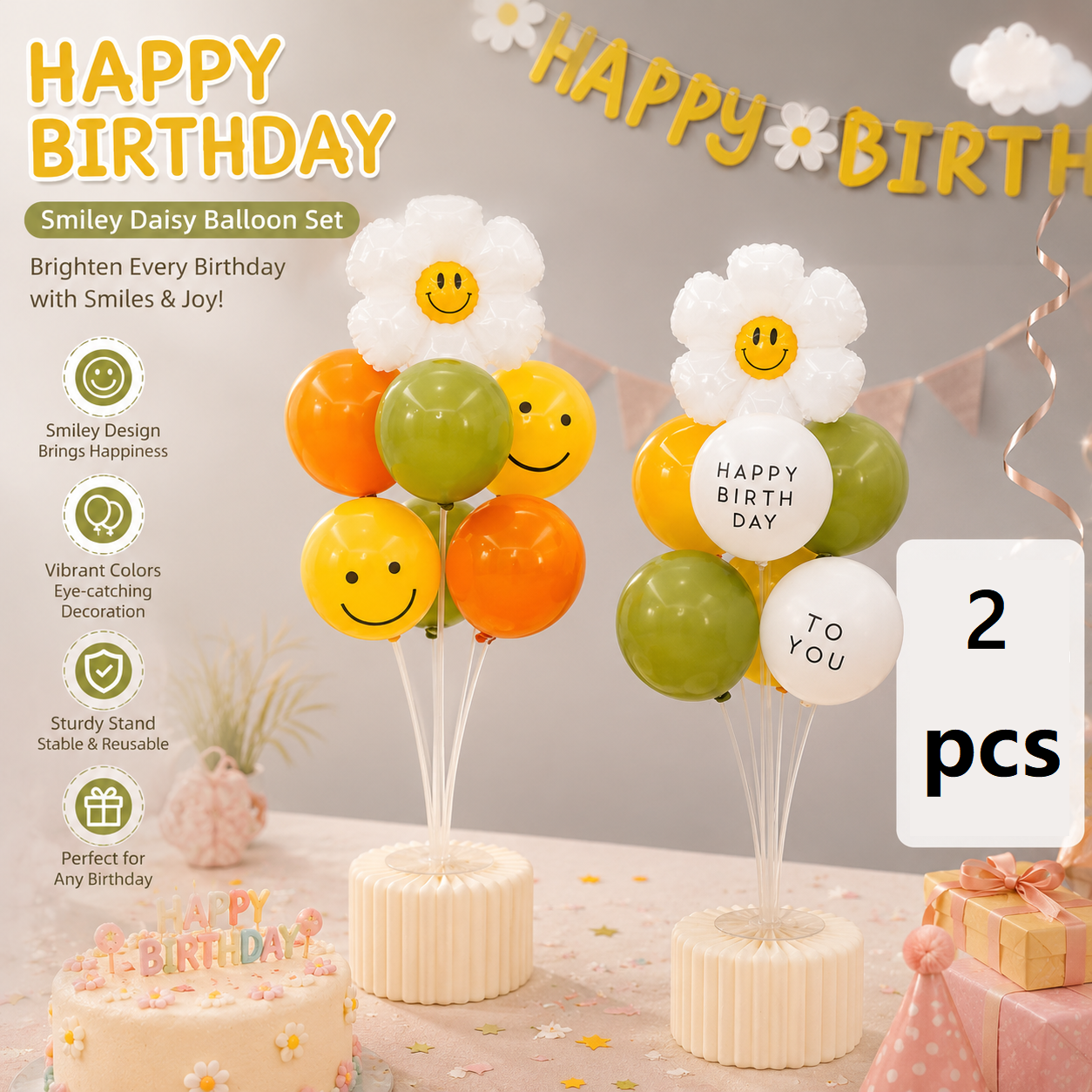 2 Pack Daisy Birthday Balloon Table Centerpiece Setï¼ˆ"Happy Birthday" letter style and pale Orange balloon styleï¼‰, 10 Inch Latex Balloons with Smiley Flower Topper,  Birthday Party Decoration for First Birthday & Celebration Events