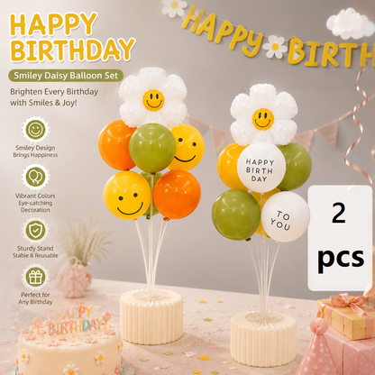 2 Pack Daisy Birthday Balloon Table Centerpiece Setï¼ˆ"Happy Birthday" letter style and pale Orange balloon styleï¼‰, 10 Inch Latex Balloons with Smiley Flower Topper,  Birthday Party Decoration for First Birthday & Celebration Events