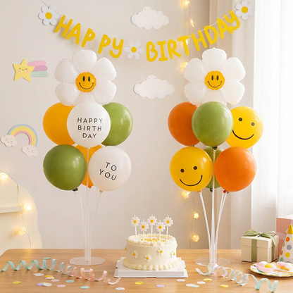 2 Pack Daisy Birthday Balloon Table Centerpiece Setï¼ˆ"Happy Birthday" letter style and pale Orange balloon styleï¼‰, 10 Inch Latex Balloons with Smiley Flower Topper,  Birthday Party Decoration for First Birthday & Celebration Events