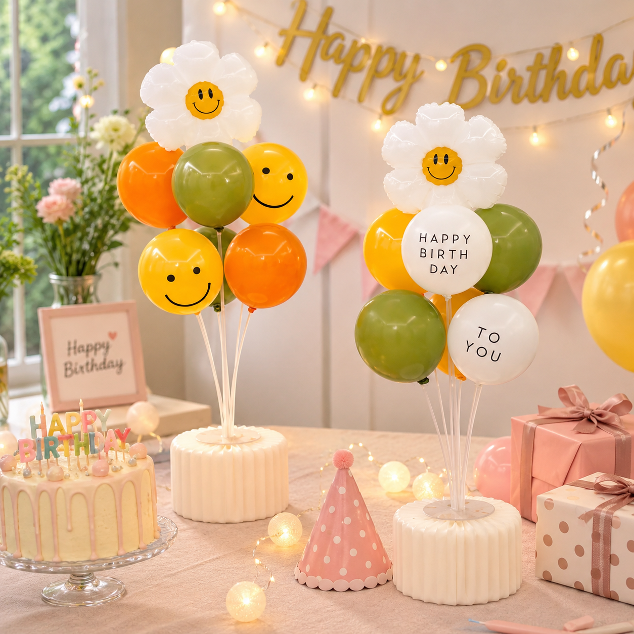 2 Pack Daisy Birthday Balloon Table Centerpiece Setï¼ˆ"Happy Birthday" letter style and pale Orange balloon styleï¼‰, 10 Inch Latex Balloons with Smiley Flower Topper,  Birthday Party Decoration for First Birthday & Celebration Events