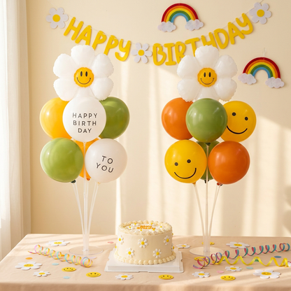 2 Pack Daisy Birthday Balloon Table Centerpiece Setï¼ˆ"Happy Birthday" letter style and pale Orange balloon styleï¼‰, 10 Inch Latex Balloons with Smiley Flower Topper,  Birthday Party Decoration for First Birthday & Celebration Events