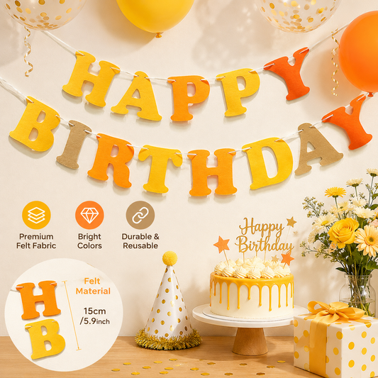 Orange and Yellow Happy Birthday Felt Banner Garland, Reusable Birthday Party Hanging Decoration, Colorful Letter Bunting for Birthday, Photo Booth & Celebration Backdrop