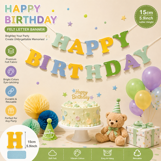 Blue and Green Happy Birthday Felt Banner Garland, Reusable Birthday Party Hanging Decoration, Colorful Letter Bunting for Birthday, Photo Booth & Celebration Backdrop