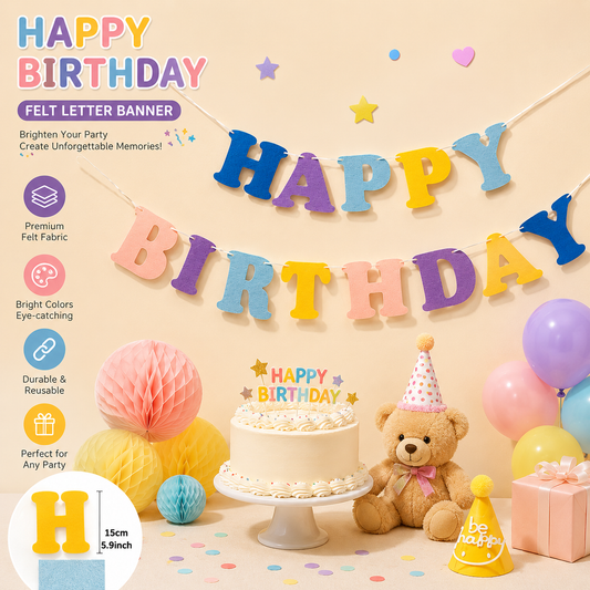Blue and Pink Happy Birthday Felt Banner Garland, Reusable Birthday Party Hanging Decoration, Colorful Letter Bunting for Birthday, Baby Shower, Photo Booth & Celebration Backdrop