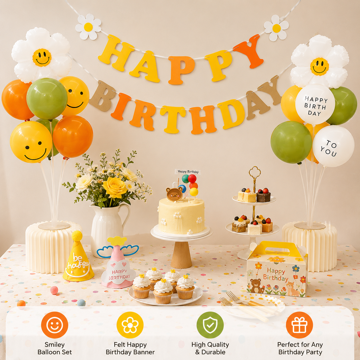 3-pcs Birthday Party Decoration Set with 2-pack Smiley Daisy Balloon Centerpieces & Orange and Yellow Happy Birthday Felt Banner,  Birthday Party Decor Kit, Photo Booth Backdrop Supplies