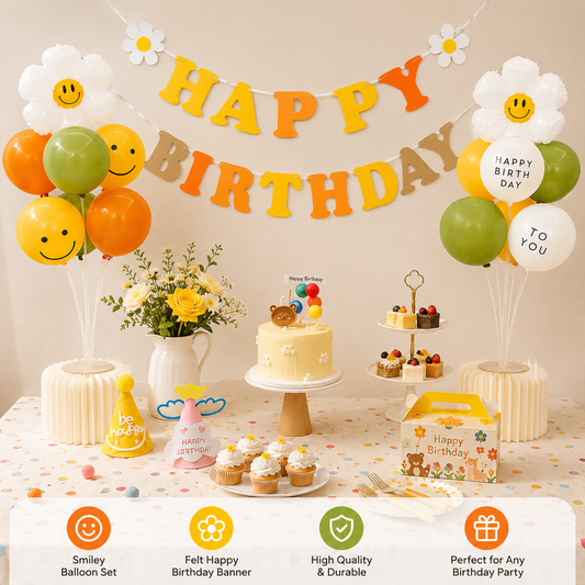 3-pcs Birthday Party Decoration Set with 2-pack Smiley Daisy Balloon Centerpieces & Orange and Yellow Happy Birthday Felt Banner,  Birthday Party Decor Kit, Photo Booth Backdrop Supplies