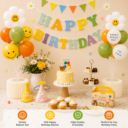 3-pcs Birthday Party Decoration Set with 2-pack Smiley Daisy Balloon Centerpieces & Blue and Green Happy Birthday Felt Banner, Birthday Party Decor Kit, Photo Booth Backdrop Supplies