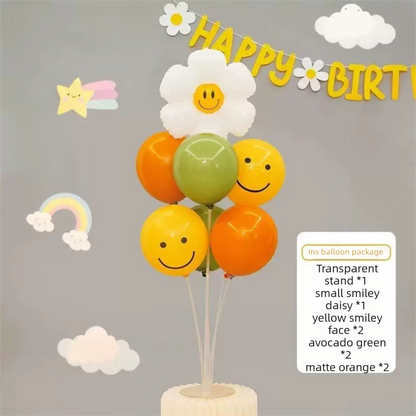 3-pcs Birthday Party Decoration Set with 2-pack Smiley Daisy Balloon Centerpieces & Blue and Green Happy Birthday Felt Banner, Birthday Party Decor Kit, Photo Booth Backdrop Supplies