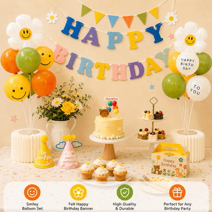 3-pcs Birthday Party Decoration Set with 2-pack Smiley Daisy Balloon Centerpieces & Blue and Pink Happy Birthday Felt Banner, Birthday Party Decor Kit, Photo Booth Backdrop Supplies