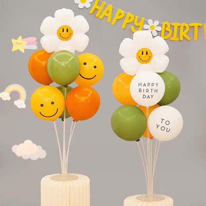 3-pcs Birthday Party Decoration Set with 2-pack Smiley Daisy Balloon Centerpieces & Blue and Pink Happy Birthday Felt Banner, Birthday Party Decor Kit, Photo Booth Backdrop Supplies