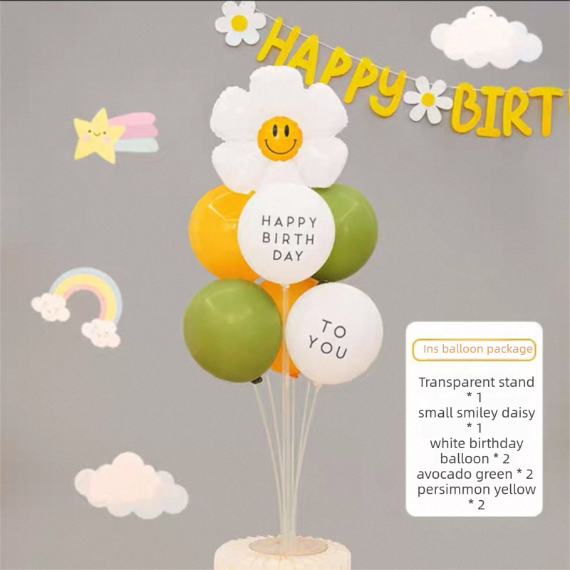 3-pcs Birthday Party Decoration Set with 2-pack Smiley Daisy Balloon Centerpieces & Blue and Pink Happy Birthday Felt Banner, Birthday Party Decor Kit, Photo Booth Backdrop Supplies
